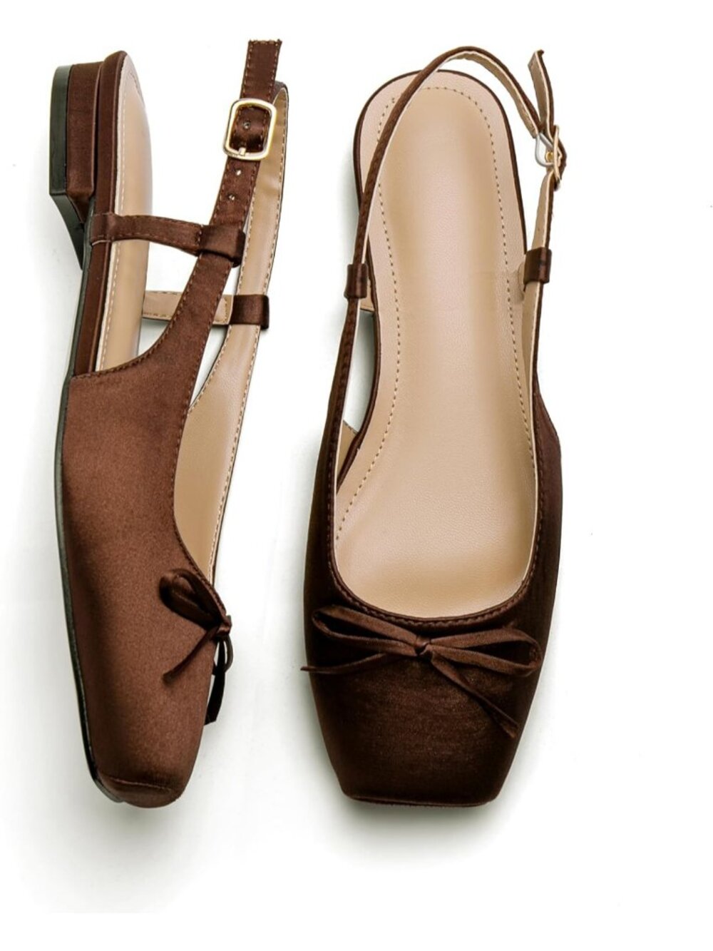 Women's Coffee Slingback Square Toe Bow Knit Ankle Buckle Satin Ballet Flats - Picture 6 of 7